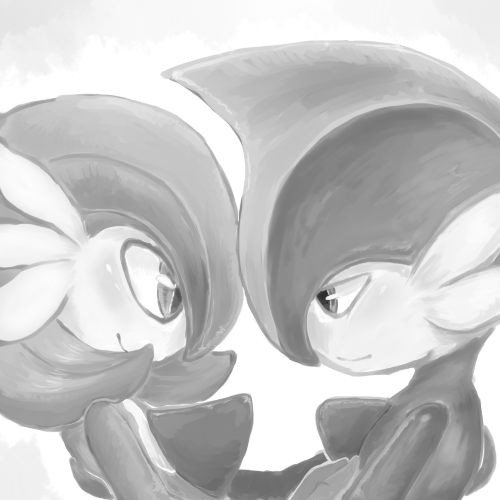 blush closed_mouth gallade gardevoir greyscale half-closed_eyes hand_on_another's_chest looking_at_another lowres monochrome no_humans pokemon pokemon_(creature) sideways_mouth simple_background smile spikes supainii white_background