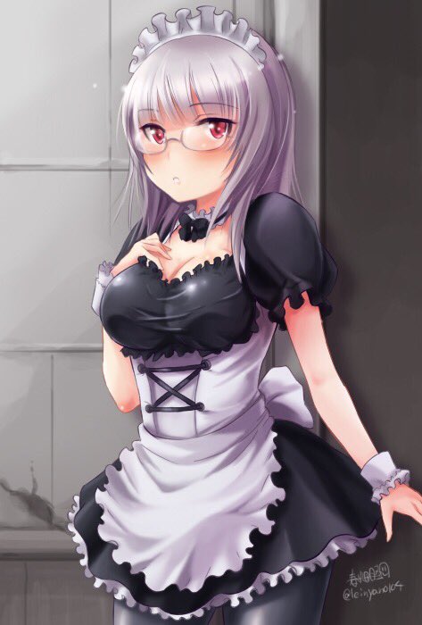 1girl alternate_costume blush breasts cleavage enmaided glasses haruhata_mutsuki heidimarie_w_schnaufer long_hair maid red_eyes solo strike_witches twitter_username white_hair world_witches_series