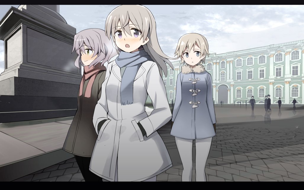 3girls bangs black_coat blonde_hair blue_coat blue_eyes blue_scarf brave_witches city closed_mouth coat eila_ilmatar_juutilainen glastonbury1966 hands_in_pockets light_smile long_hair looking_at_viewer multiple_girls nikka_edvardine_katajainen outdoors parted_lips pink_scarf sanya_v_litvyak scarf short_hair silver_hair standing strike_witches white_coat world_witches_series