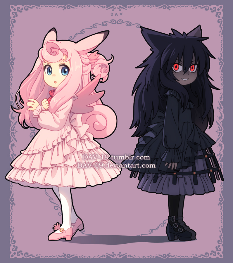 2girls black_dress black_hair blue_eyes clefable curly_hair dav-19 dress evil_smile eyelashes gengar grey_skin lolita_fashion looking_at_viewer messy_hair multiple_girls personification pink_dress pink_hair pokemon red_eyes smile wings