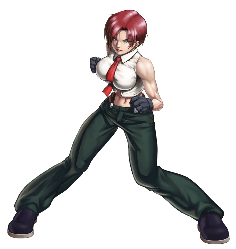 1girl blue_eyes breasts gloves lipstick makeup mature midriff navel necktie pants redhead shinonome_(game_hakkutsu_tai) shirt short_hair snk solo suspenders the_king_of_fighters vanessa_(king_of_fighters)