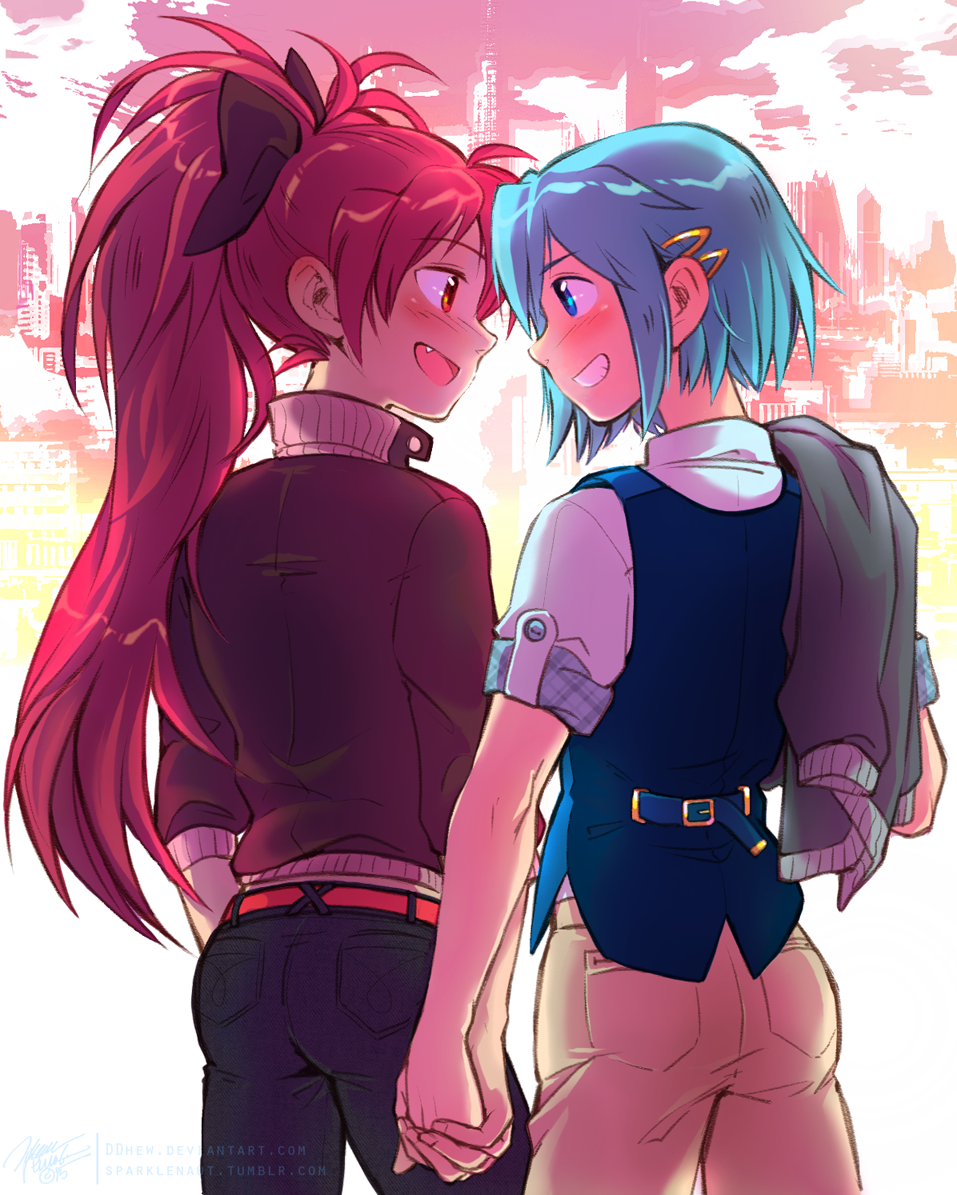 2girls ass blue_eyes blue_hair blush casual commentary couple ddhew denim eye_contact fang forehead-to-forehead from_behind grin hair_ornament hair_ribbon hairpin hand_holding jacket_on_shoulders jeans long_hair looking_at_another mahou_shoujo_madoka_magica mahou_shoujo_madoka_magica_movie miki_sayaka multiple_girls pants pink_hair red_eyes ribbon sakura_kyouko short_hair sideways_mouth sleeves_folded_up sleeves_pushed_up smile vest yuri