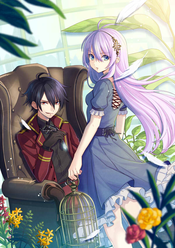 1boy 1girl ahoge armchair belt belt_buckle birdcage black_hair blue_dress blue_eyes buckle cage chair cross-laced_clothes dress feathers frilled_dress frilled_sleeves frills hair_between_eyes hairband jacket jewelry lavender_hair leaf long_hair looking_at_viewer looking_back necklace original puffy_short_sleeves puffy_sleeves red_eyes red_flower red_jacket short_sleeves sitting smirk sunsnny yellow_flower