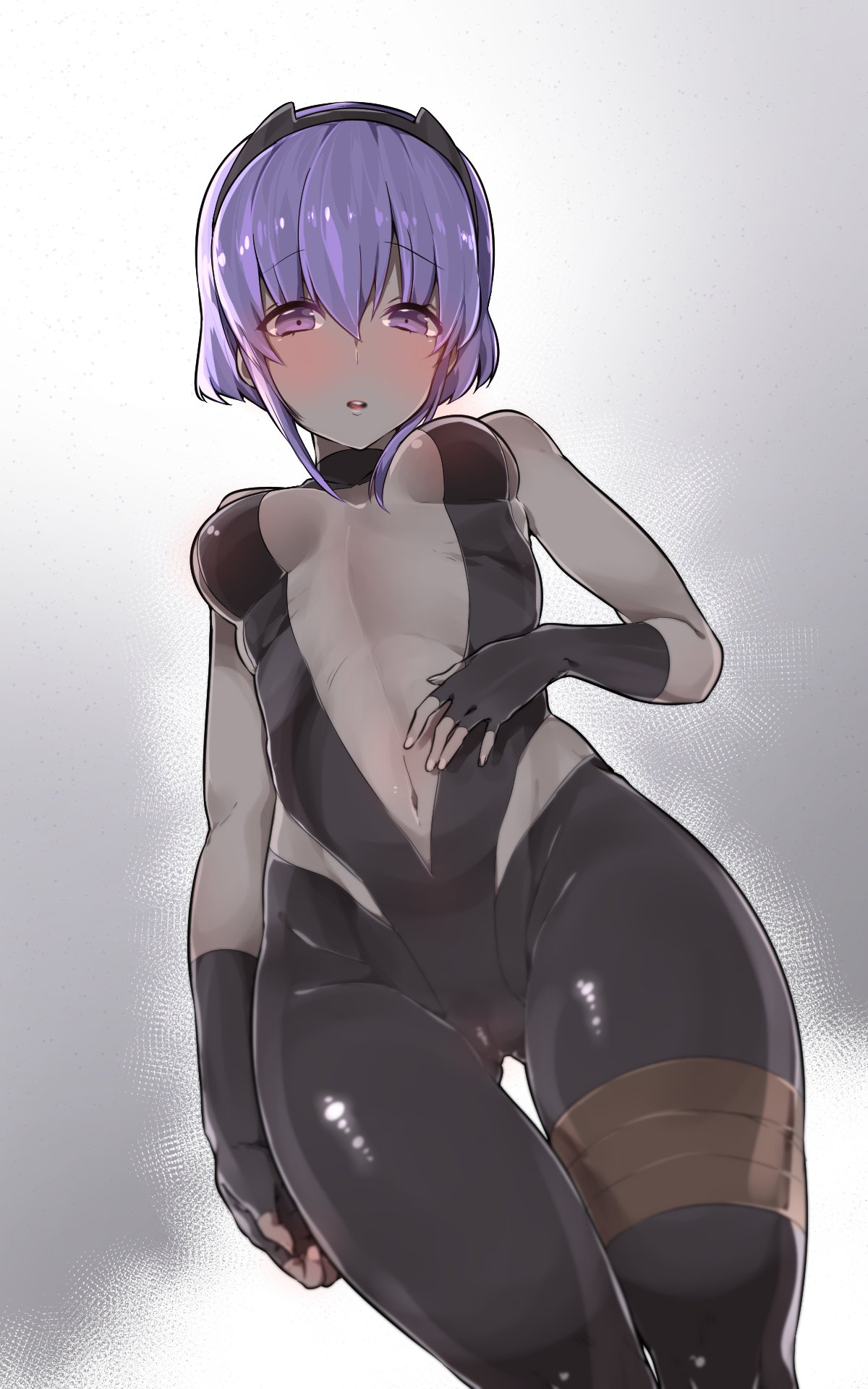 1girl assassin_(fate/prototype_fragments) bare_shoulders blush breasts dark_skin fate/grand_order fate/prototype fate/prototype:_fragments_of_blue_and_silver fate_(series) from_below gluteal_fold highres looking_at_viewer mitsudoue navel purple_hair short_hair solo violet_eyes