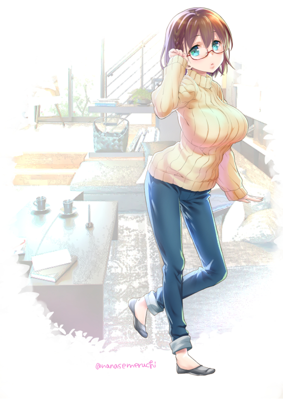 1girl ai-chan_(tawawa) blush book braid breasts brown_hair couch cup denim female full_body getsuyoubi_no_tawawa glasses green_eyes hair_ornament hand_on_glasses indoors jeans large_breasts living_room looking_at_viewer nanase_meruchi pants pillow ribbed_sweater shirt short_hair side_braid signature solo stairs sweater table turtleneck turtleneck_sweater