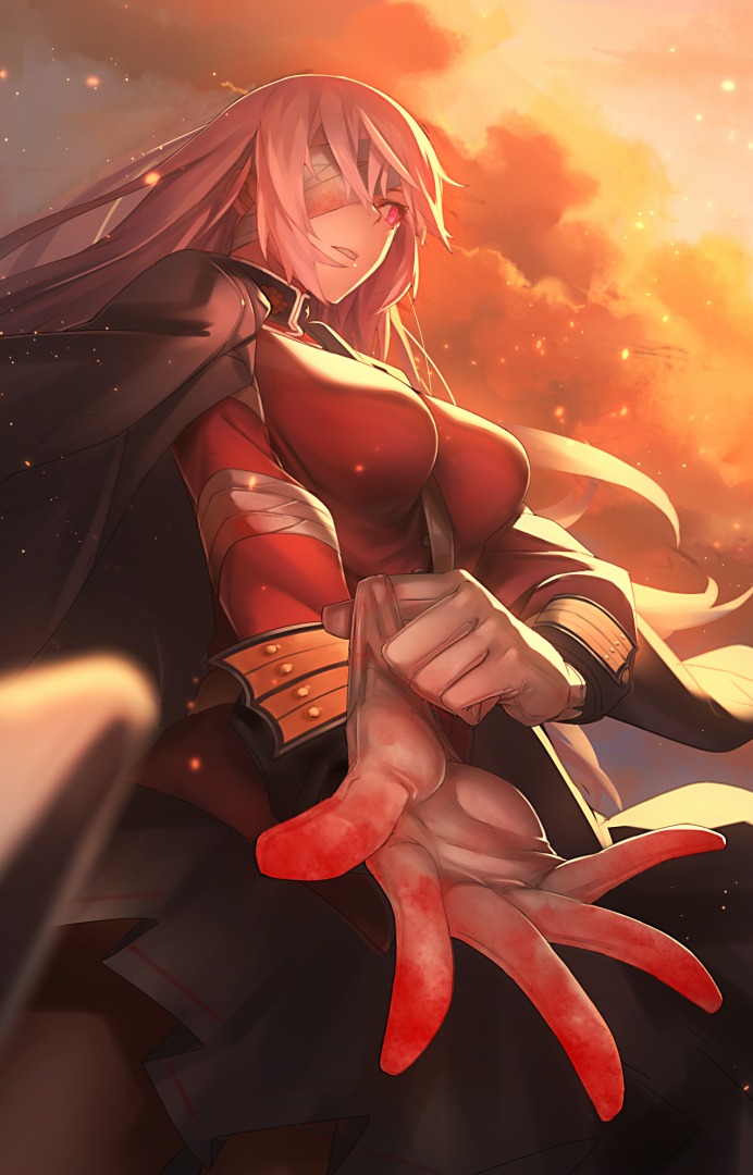 1girl alternate_hairstyle arm_at_side bandage bandage_over_one_eye between_breasts black_legwear black_skirt blood blood_stain blurry breasts buttons clouds cloudy_sky cowboy_shot depth_of_field fate/grand_order fate_(series) floating_hair florence_nightingale_(fate/grand_order) from_below from_side gloves glowing glowing_eyes hair_down jacket_on_shoulders light_particles long_hair long_sleeves looking_away looking_to_the_side medium_breasts miniskirt one_eye_covered open_hand outdoors palms pantyhose parted_lips pink_eyes pink_hair pleated_skirt putting_on_gloves red_eyes sash side_glance skirt sky solo spread_fingers tef very_long_hair white_gloves