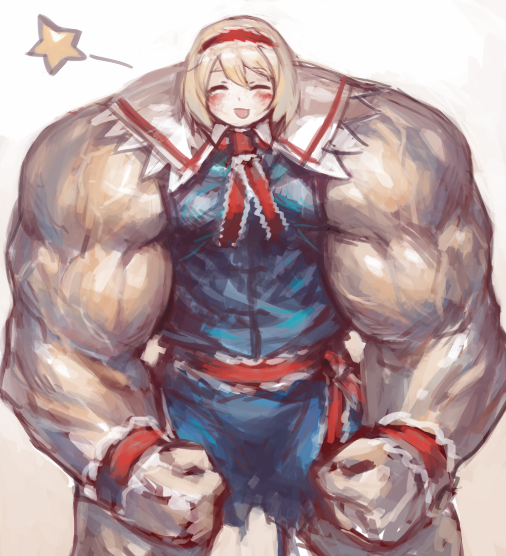 1girl alice_margatroid bad_anatomy blonde_hair blush clenched_hands closed_eyes facing_viewer headband muscle muscular_female sketch solo spark621 standing star touhou what