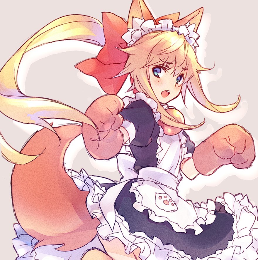 1other androgynous blonde_hair blue_eyes blush cosplay dress fate/grand_order fate_(series) le_chevalier_d'eon_(fate/grand_order) long_hair looking_at_viewer maid open_mouth paws simple_background smile solo tamamo_(fate)_(all) tamamo_cat_(fate) tamamo_cat_(fate)_(cosplay) wanko_(takohati8)