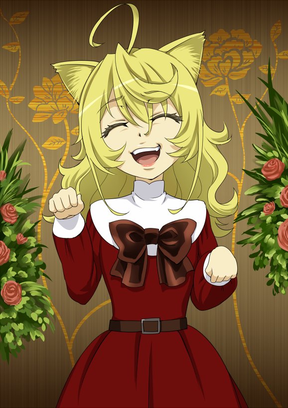 1girl ahoge alternate_costume animal_ears belt blonde_hair cat_ears closed_eyes cowboy_shot dress facing_viewer fake_animal_ears floral_print flower hijikawa_arashi long_hair paw_pose red_dress rose smile solo standing tanya_degurechaff youjo_senki