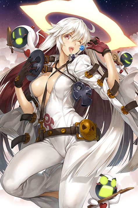 1girl belt between_breasts candy clouds food gloves guilty_gear guilty_gear_xrd halo jack-o_(guilty_gear) keg lollipop mask mask_removed multicolored_hair one_eye_closed red_eyes redhead sky solo two-tone_hair white_hair