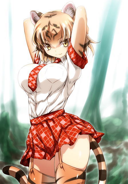 1girl animal_ears arms_up breasts cat_ears cat_tail commentary_request kemono_friends large_breasts looking_at_viewer necktie red_skirt school_uniform serval_tail short_hair short_sleeves skirt solo tail tiger_(kemono_friends) tiger_ears tiger_tail watarui yellow_eyes