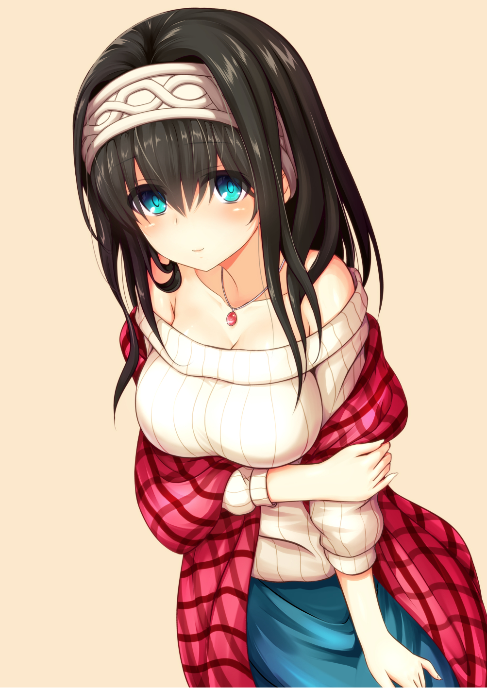 1girl black_hair blue_eyes blush breasts cleavage collarbone commentary_request hair_between_eyes hairband highres idolmaster idolmaster_cinderella_girls jewelry large_breasts long_hair looking_at_viewer off-shoulder_sweater pendant plaid plaid_scarf red_scarf ribbed_sweater sagisawa_fumika scarf shawl solo sweater yuushi_(renkun)