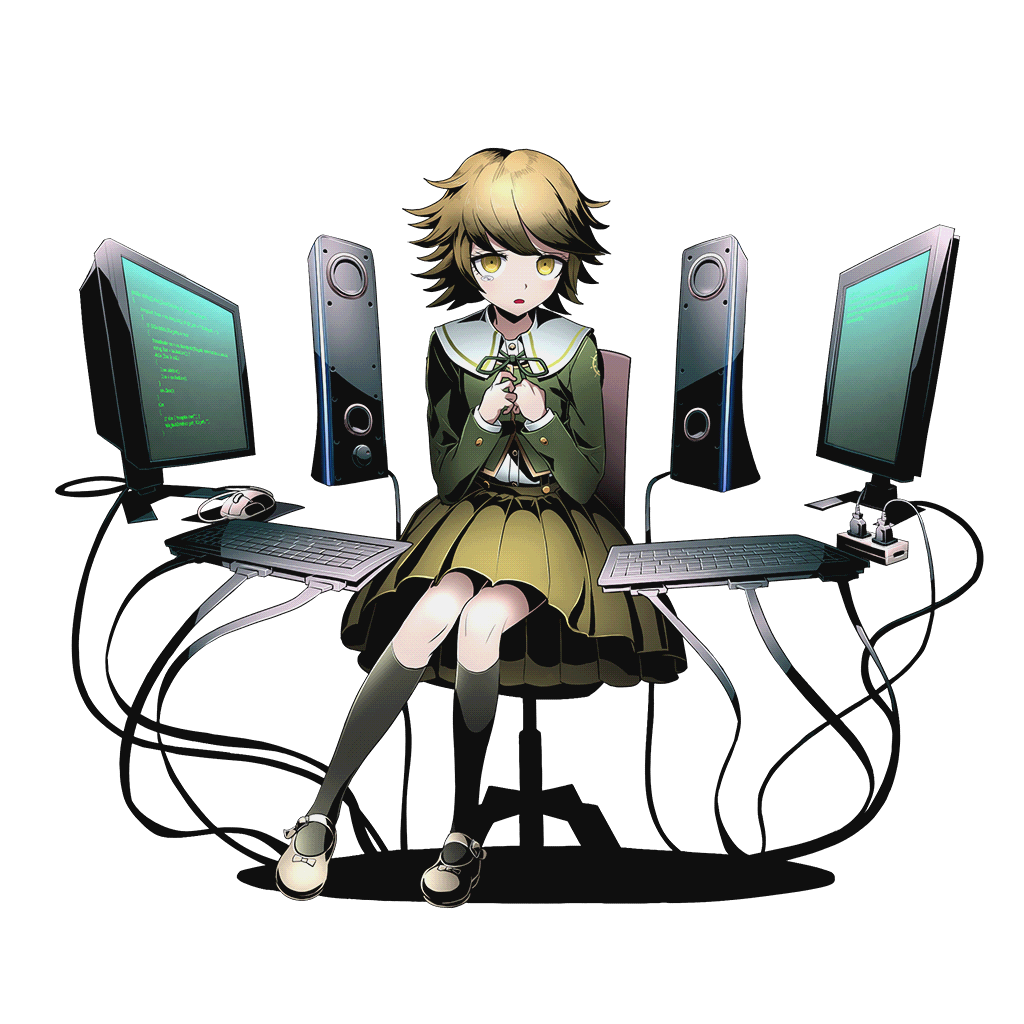 1boy alpha_transparency black_legwear brown_hair brown_skirt chair computer computer_keyboard computer_mouse crossdressinging dangan_ronpa dangan_ronpa_1 divine_gate fujisaki_chihiro full_body green_ribbon hands_together kneehighs knees_together_feet_apart looking_at_viewer male_focus monitor office_chair official_art open_mouth ribbon school_uniform short_hair sitting skirt solo tearing_up transparent_background trap ucmm wire yellow_eyes