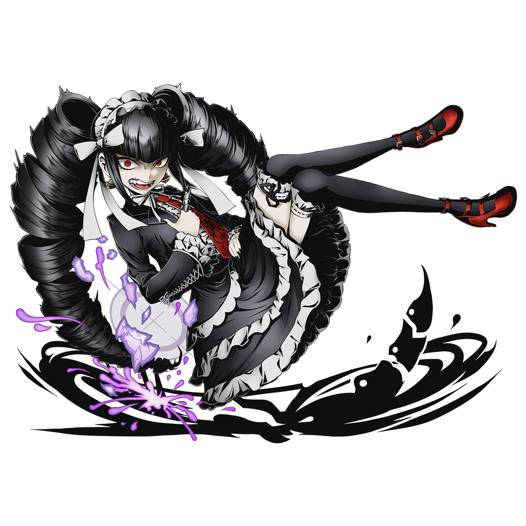 1girl alpha_transparency angry black_hair black_legwear broken_cup celestia_ludenberck claw_ring constricted_pupils dangan_ronpa dangan_ronpa_1 divine_gate dress drill_hair floating frilled_dress frills full_body gothic_lolita headdress high_heels lace lace-trimmed_thighhighs layered_dress lolita_fashion long_hair looking_at_viewer necktie official_art open_mouth pointing pointing_up red_eyes red_necktie shadow solo thigh-highs transparent_background ucmm very_long_hair