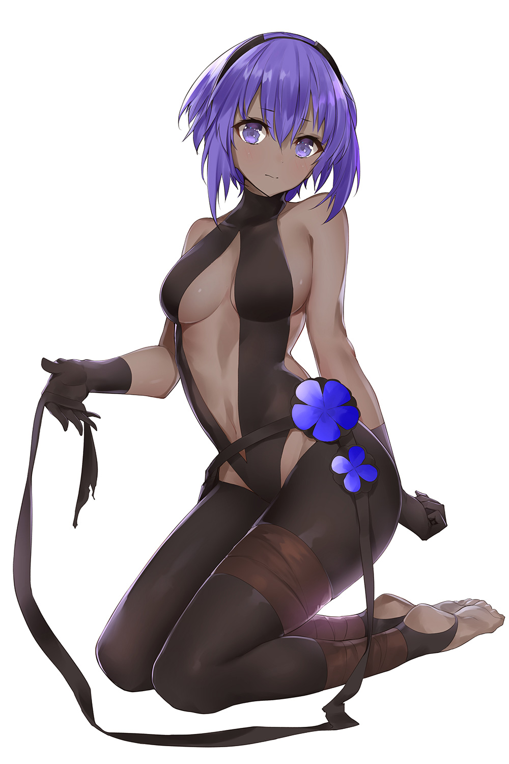 1girl arm_behind_back artist_name assassin_(fate/prototype_fragments) black_gloves black_legwear breasts center_opening commentary_request dark_skin fate/prototype fate/prototype:_fragments_of_blue_and_silver fate_(series) flower full_body gloves hair_between_eyes hairband highres kneeling leotard looking_at_viewer medium_breasts navel purple_hair short_hair simple_background solo toeless_legwear turtleneck violet_eyes white_background yaman_(yamanta_lov)