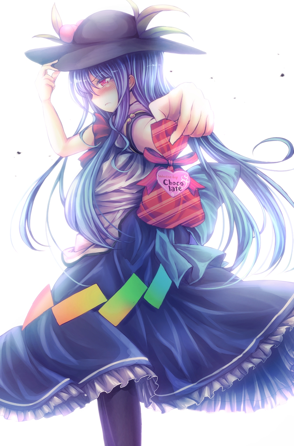 &gt;:( 1girl bloom blue_hair blush chocolate commentary_request dress dress_shirt english food foreshortening frown fruit gift_wrapping glowing hat hat_tip highres hinanawi_tenshi layered_dress long_hair pantyhose peach red_eyes shirt solo t.m_(aqua6233) tag touhou tsundere valentine very_long_hair