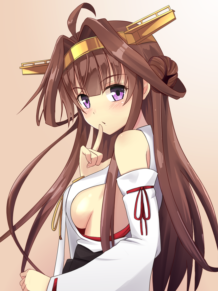 1girl ahoge bare_shoulders breasts brown_hair commentary_request cowboy_shot detached_sleeves double_bun eve_dizzy eyebrows_visible_through_hair finger_to_mouth hairband headgear highres japanese_clothes kantai_collection kongou_(kantai_collection) long_hair looking_at_viewer medium_breasts nontraditional_miko ribbon-trimmed_sleeves ribbon_trim shushing sideboob solo violet_eyes