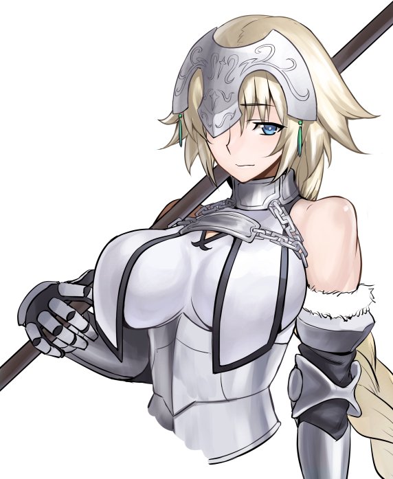 1girl bangs bare_shoulders blonde_hair blue_eyes blush braid breasts chains closed_mouth elbow_gloves fate/grand_order fate_(series) faulds gauntlets gloves headpiece jonylaser large_breasts long_hair one_eye_covered ruler_(fate/apocrypha) single_braid smile solo