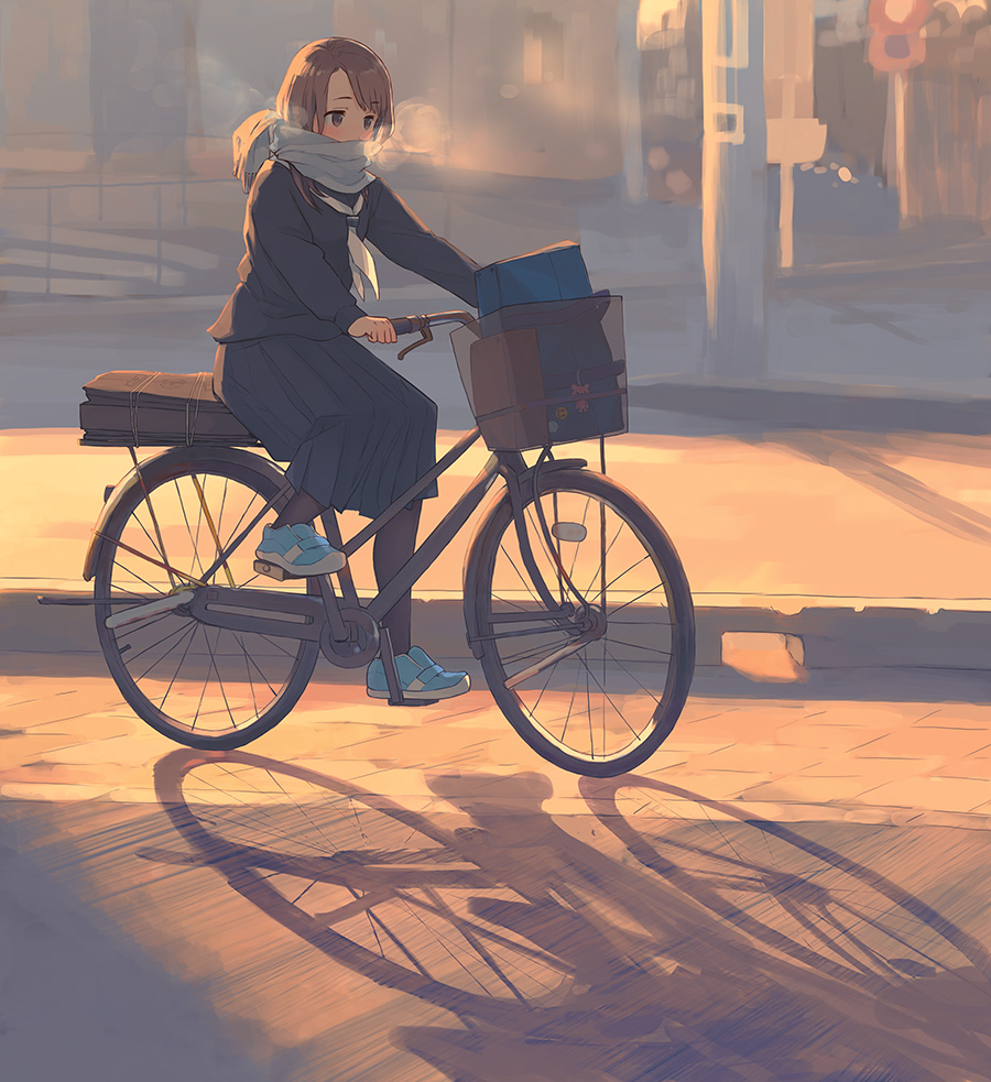 1girl bag bangs bicycle black_legwear black_serafuku black_skirt blue_shoes breath brown_eyes brown_hair evening eyebrows_visible_through_hair grey_scarf ground_vehicle long_skirt morifumi neckerchief original outdoors pantyhose pleated_skirt road school_bag school_uniform serafuku shadow shoes sidewalk skirt sneakers solo street