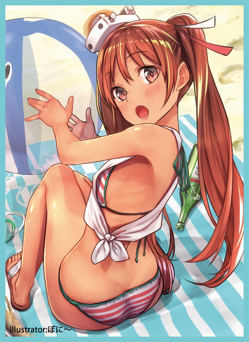 1girl ass baffu ball bare_legs beach beachball bikini blush breasts brown_eyes brown_hair dimples_of_venus from_above from_behind highres kantai_collection libeccio_(kantai_collection) long_hair looking_at_viewer looking_back open_mouth sandals shirt sleeveless sleeveless_shirt small_breasts solo striped striped_bikini swimsuit tan tied_shirt twintails