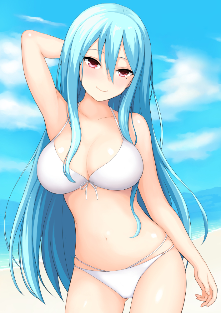 1girl arm_behind_head asahashi_tsuyu beach bikini blue_hair blush breasts cleavage clouds contrapposto cowboy_shot front-tie_top girlfriend_(kari) hair_between_eyes kayashima_otome large_breasts long_hair looking_at_viewer medium_breasts mole mole_under_eye navel ocean red_eyes shiny shiny_skin skindentation sky smile solo standing swimsuit white_bikini