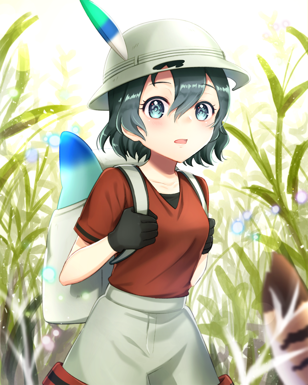 1girl backpack bag black_gloves black_hair blue_eyes blush bright_background feathers gloves grass grey_hat grey_skirt hat highres holding hole kaban kemono_friends lucky_beast_(kemono_friends) mugi_(iccomae) out_of_frame plant red_shirt safari_hat shirt shirt_tucked_in short_hair skirt solo_focus tail torn_clothes torn_hat undershirt