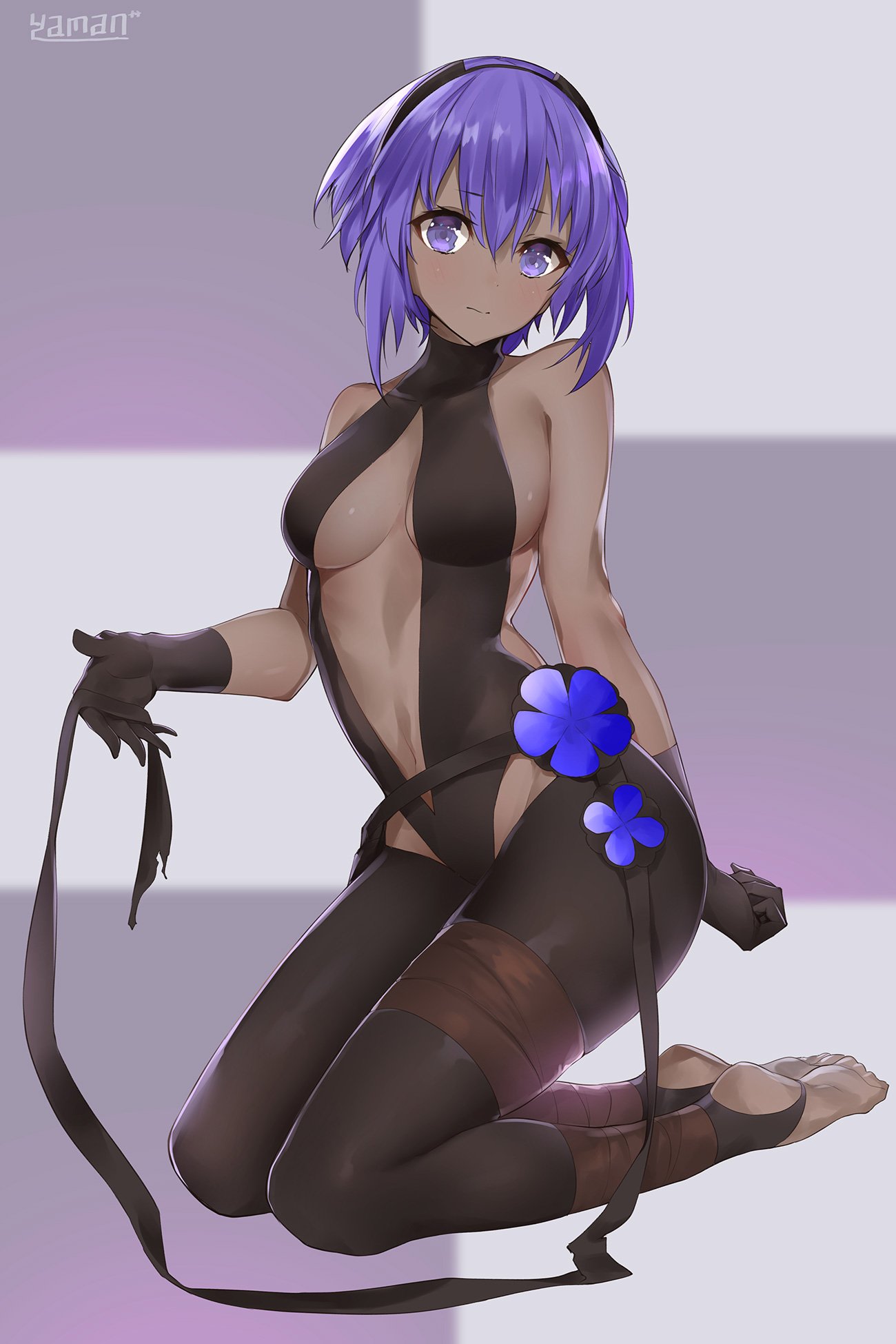 1girl arm_behind_back artist_name assassin_(fate/prototype_fragments) black_gloves black_legwear breasts center_opening dark_skin fate/prototype fate/prototype:_fragments_of_blue_and_silver fate_(series) feet flower full_body gloves hair_between_eyes hairband highres kneeling leotard looking_at_viewer medium_breasts navel no_shoes purple_hair short_hair solo toeless_legwear turtleneck violet_eyes yaman_(yamanta_lov)