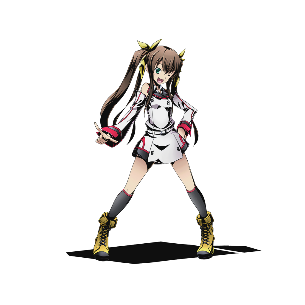 1girl black_legwear boots brown_hair detached_sleeves divine_gate fang full_body green_eyes hair_ribbon hand_on_hip huang_lingyin index_finger_raised infinite_stratos kneehighs long_hair looking_at_viewer official_art one_eye_closed open_mouth ribbon solo transparent_background twintails ucmm yellow_ribbon