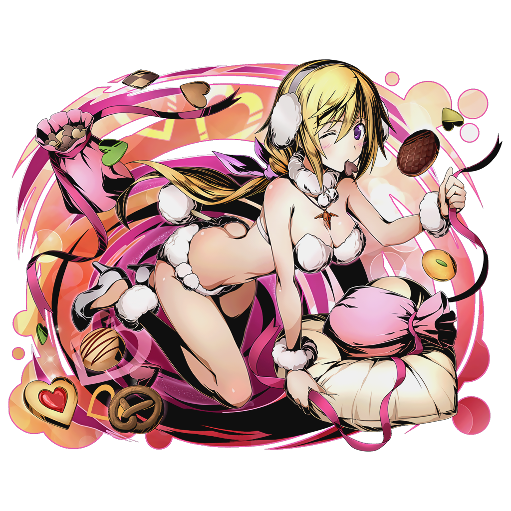 1girl all_fours ass bikini blonde_hair bra breasts bunny_tail charlotte_dunois chocolate chocolate_heart cleavage divine_gate earmuffs eyebrows_visible_through_hair full_body hair_between_eyes hair_ribbon hairband heart high_heels infinite_stratos jewelry long_hair looking_at_viewer low-tied_long_hair medium_breasts mouth_hold necklace official_art one_eye_closed panties purple_ribbon ribbon solo strapless strapless_bra tail transparent_background ucmm underwear violet_eyes white_bra white_panties wrist_cuffs