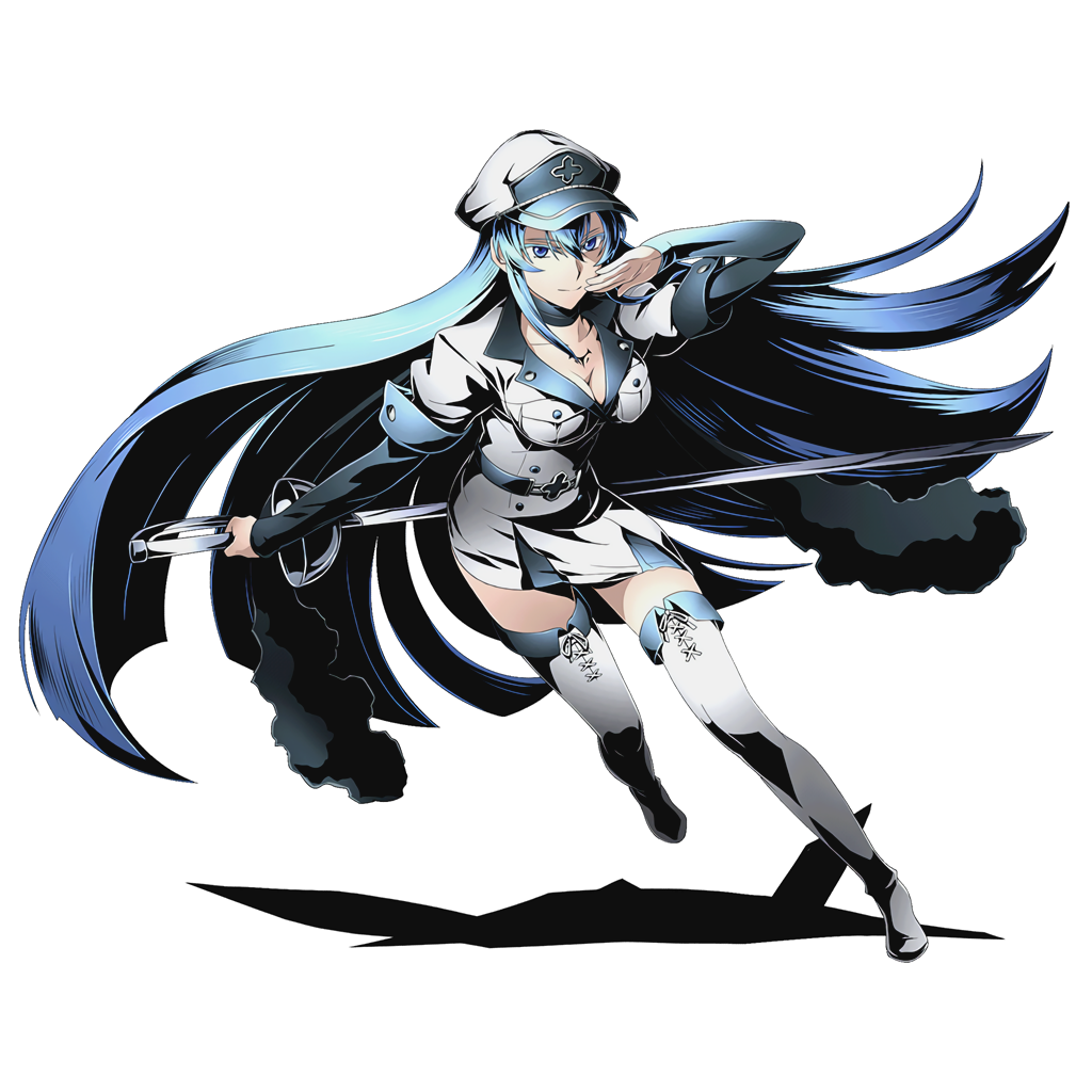 1girl absurdly_long_hair akame_ga_kill! blue_eyes blue_hair boots breasts choker cleavage collarbone divine_gate esdeath full_body hair_between_eyes hat holding holding_sword holding_weapon long_hair medium_breasts military military_uniform official_art one_leg_raised pleated_skirt shadow skirt solo sword thigh-highs thigh_boots transparent_background ucmm uniform very_long_hair weapon white_boots