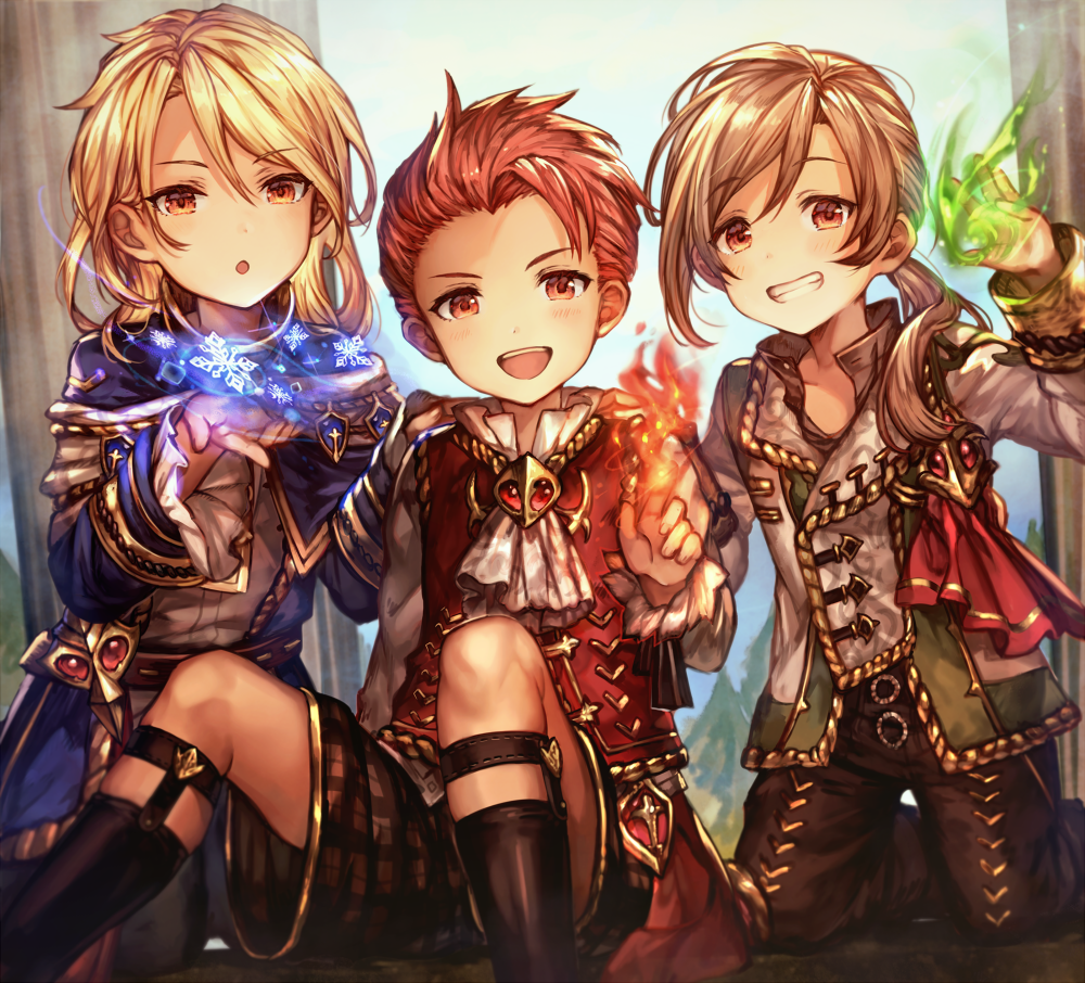 3boys aglovale_(granblue_fantasy) blonde_hair blush brothers brown_eyes brown_hair child coat cravat fire garter_straps granblue_fantasy kneeling lamorak_(granblue_fantasy) long_hair magic male_focus multiple_boys percival_(granblue_fantasy) ponytail red_eyes redhead shigaraki_(strobe_blue) short_hair shorts siblings sitting snowflakes sock_garters wind younger