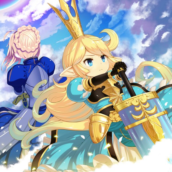 2girls armor armored_dress back-to-back blonde_hair blue_eyes braid charlotta_(granblue_fantasy) crown curly_hair fate_(series) gauntlets granblue_fantasy hand_on_sword long_hair multiple_girls o_(rakkasei) petals pointy_ears saber scenery sky sword weapon