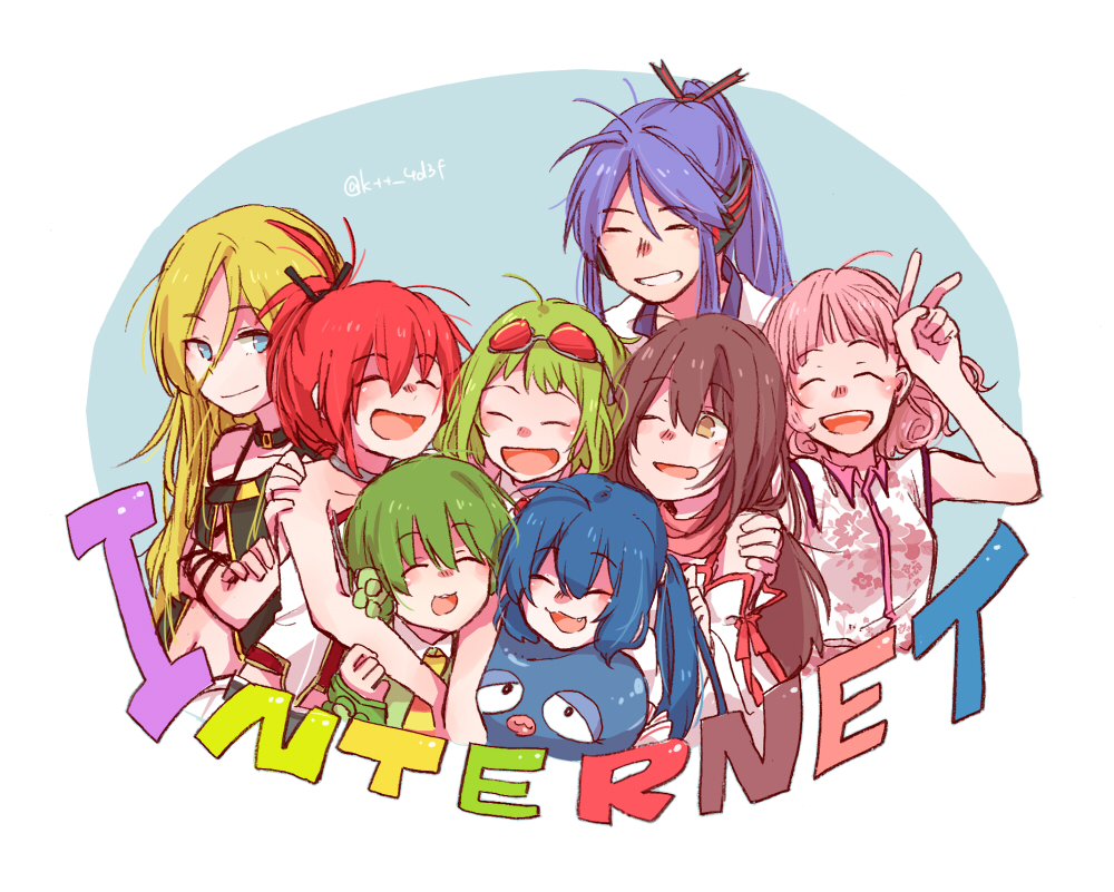 2boys 6+girls bare_shoulders blonde_hair blue_eyes blue_hair brown_eyes brown_hair chika_(vocaloid) choker closed_eyes crossed_arms cul eel_hat goggles goggles_on_head green_hair gumi headphones hug kamui_gakupo kokone_(vocaloid) lily_(vocaloid) long_hair multiple_boys multiple_girls necktie otomachi_una pink_hair ponytail purple_hair redhead ryuuto_(vocaloid) short_hair short_ponytail short_sleeves smile striped striped_necktie twitter_username v vocaloid wavy_hair