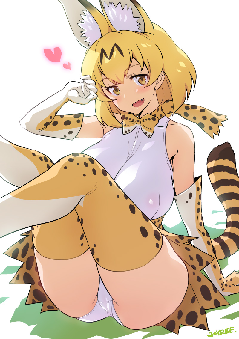 1girl :d animal_ears animal_print bangs blonde_hair blush bow bowtie breasts cat_ears cat_tail elbow_gloves fang gloves hair_over_one_eye heart joy_ride kemono_friends large_breasts legs_up looking_at_viewer open_mouth panties pantyshot pantyshot_(sitting) print_legwear serval_(kemono_friends) short_hair sitting smile solo tail thigh-highs underwear white_panties yellow_bow yellow_bowtie yellow_eyes