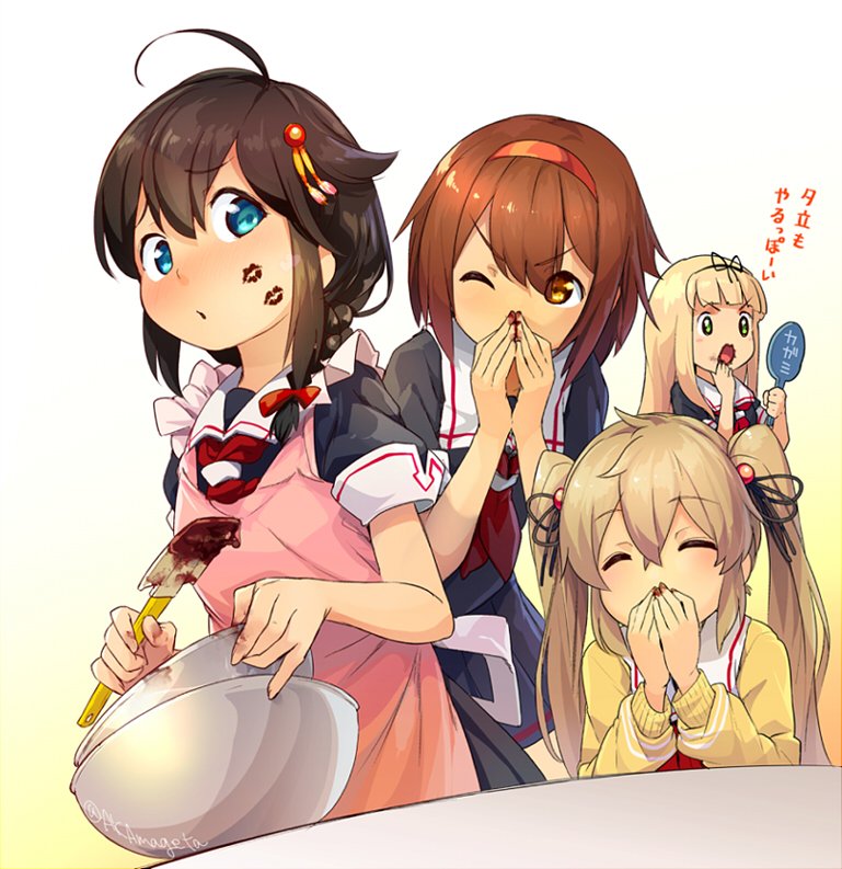 4girls =_= ahoge akama_zenta alternate_costume apron black_hair black_ribbon blonde_hair blue_eyes blush bow bowl braid brown_eyes brown_hair cardigan closed_eyes commentary covering_mouth ears_visible_through_hair food food_on_face green_eyes hair_between_eyes hair_bobbles hair_bow hair_flaps hair_ornament hair_ribbon hairband hand_mirror kantai_collection kiss_mark long_hair long_sleeves mirror multiple_girls murasame_(kantai_collection) neckerchief one_eye_closed red_bow red_neckerchief remodel_(kantai_collection) ribbon school_uniform serafuku shigure_(kantai_collection) shiratsuyu_(kantai_collection) short_hair short_sleeves single_braid smile translated twintails twitter_username valentine yuudachi_(kantai_collection)