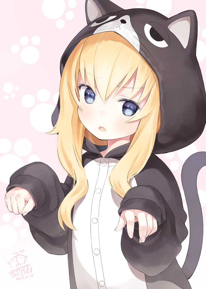&gt;:o 1girl 2017 :o animal_ears animal_hood bangs blonde_hair blue_eyes blush buttons cat_ears cat_hood cat_tail dated eyebrows_visible_through_hair eyelashes fake_tail fingernails gabriel_dropout hibanar hood long_hair looking_at_viewer nail_polish paw_pose paw_print pink_background pink_nails signature sleeves_past_wrists solo tail tenma_gabriel_white upper_body
