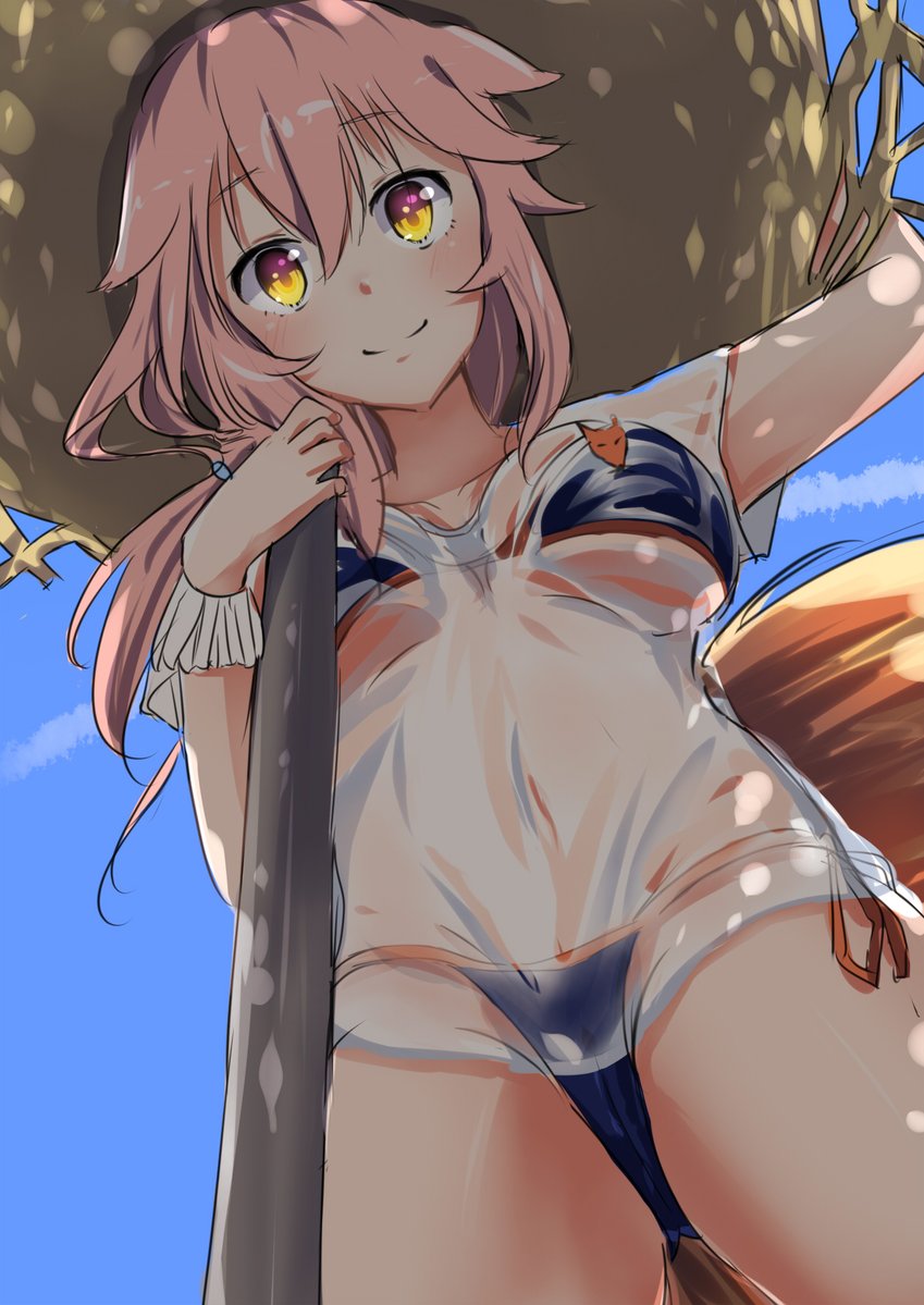 1girl animal_ears bikini blue_bikini blush breasts cleavage fate/grand_order fate_(series) fox_ears fox_tail hat large_breasts long_hair looking_at_viewer looking_down meimuu navel pink_hair see-through solo swimsuit tail tamamo_(fate)_(all) tamamo_no_mae_(swimsuit_lancer)_(fate) wet wet_clothes yellow_eyes