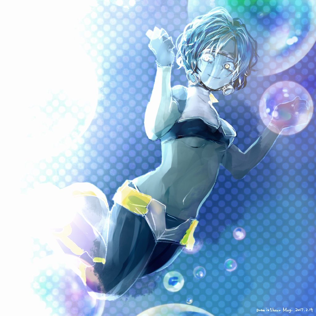 1girl aqua_skin blue_gloves blue_hair boku_no_hero_academia breasts bubble bubble_girl diving_mask gloves looking_at_viewer open_fly short_hair shorts smile solo
