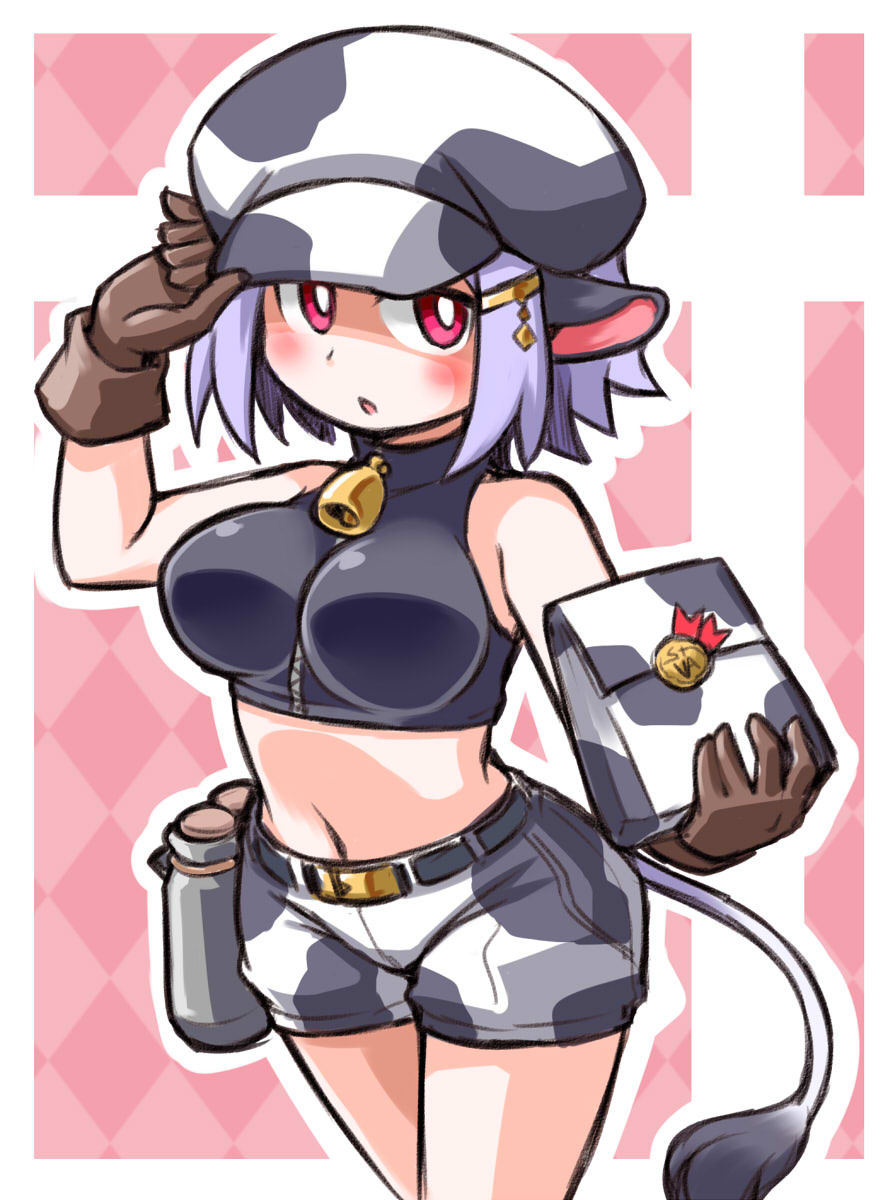 1girl :o animal_ears animal_print bell bell_collar blush bottle breasts collar cow_ears cow_girl cow_print cow_tail crop_top gift gloves hat hat_tip highres holding holding_gift incoming_gift kugelschreiber large_breasts lavender_hair looking_at_viewer midriff milk_bottle original red_eyes short_shorts shorts sleeveless solo tail valentine zipper