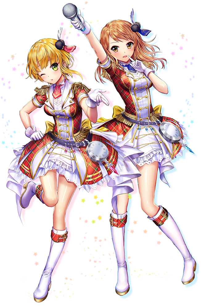 2girls across_the_stars belt blonde_hair breasts brown_eyes brown_hair clock dress epaulettes esphy feathers finger_to_mouth full_body gloves green_eyes hair_feathers houjou_karen idolmaster idolmaster_cinderella_girls idolmaster_cinderella_girls_starlight_stage long_hair looking_at_viewer microphone miyamoto_frederica multiple_girls one_eye_closed outstretched_arm plaid plaid_dress short_hair short_sleeves smile white_gloves
