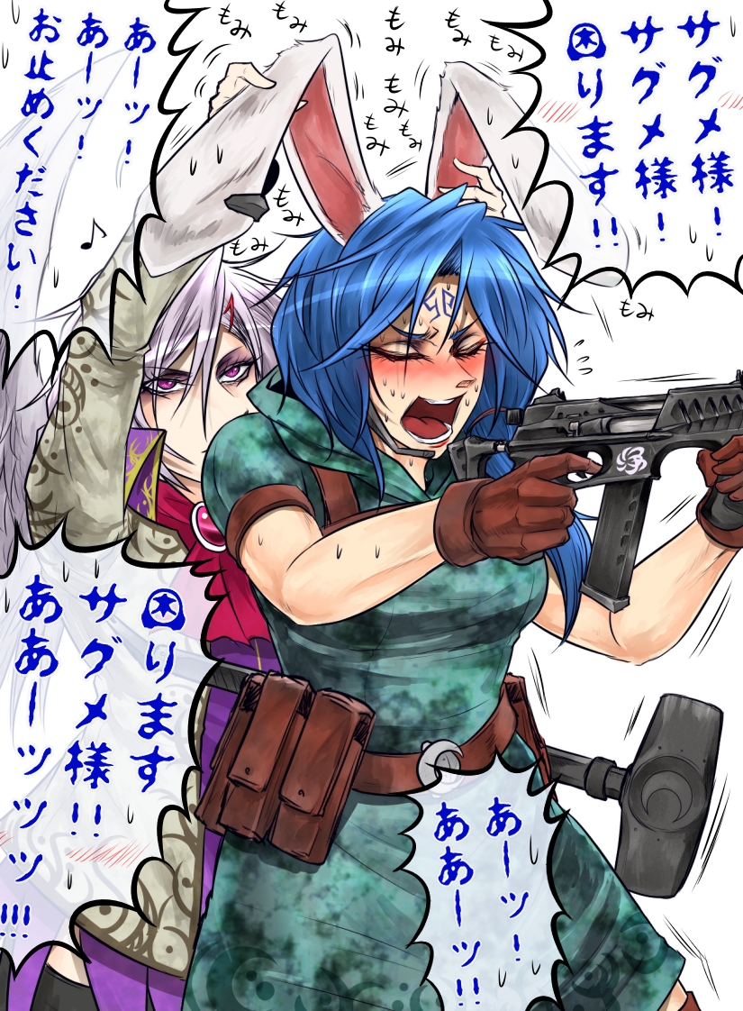 2girls ammunition_belt ammunition_pouch animal_ears arms_up blue_hair blush closed_eyes commentary_request cowboy_shot dress eargasm eyelashes eyeshadow feathered_wings from_side gloves gun hammer headset holding holding_gun holding_weapon hood hood_down hooded_dress jacket kishin_sagume lavender_hair long_hair long_sleeves looking_at_another makeup multiple_girls musical_note open_mouth outstretched_arms purple_dress quaver rabbit_ears ryuuichi_(f_dragon) seiran_(touhou) short_sleeves shouting simple_background smile spoken_blush spoken_musical_note standing sweat tattoo thigh-highs touhou translation_request violet_eyes weapon white_background wing_collar wings
