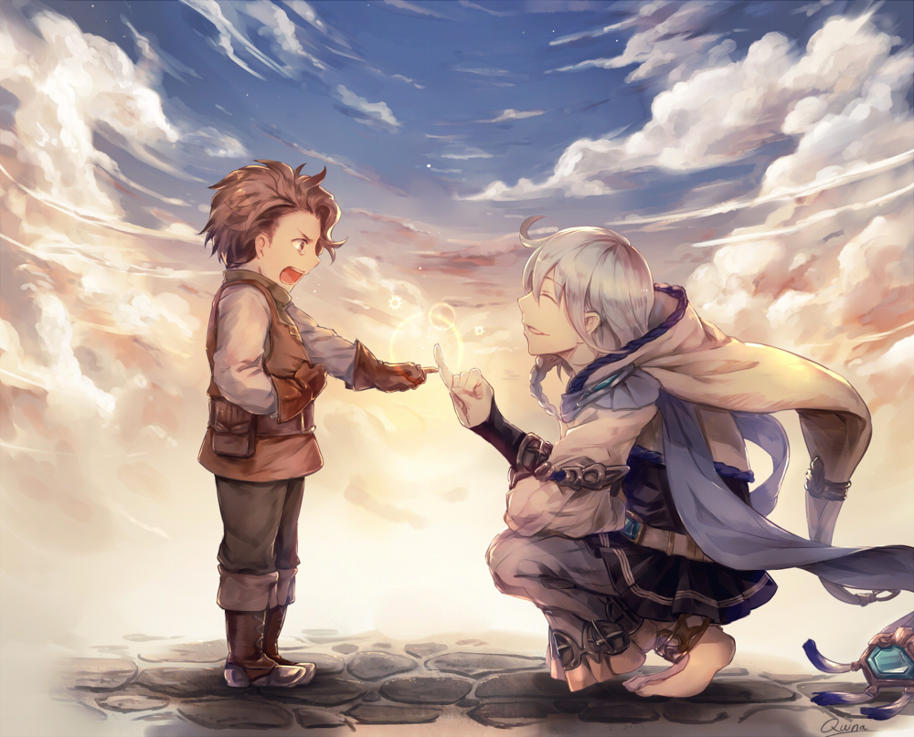 2boys barefoot boots braid brown_gloves brown_hair child clouds cloudy_sky crying gloves granblue_fantasy hood kuina_(escapegoat) long_hair multiple_boys noah_(granblue_fantasy) pinky_swear rackam_(granblue_fantasy) silver_hair single_braid sky squatting vest younger