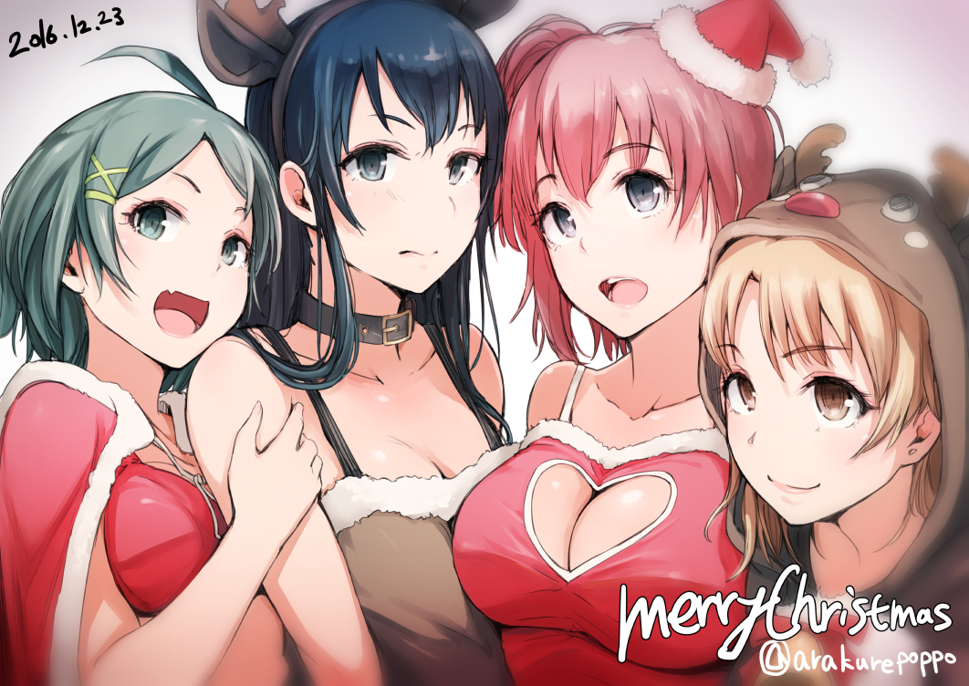 4girls :d ahoge animal_ears animal_hood arakure bare_shoulders bikini_top black_eyes black_hair breasts brown_eyes brown_hair cape cleavage cleavage_cutout collar collarbone dated fake_animal_ears fang green_eyes green_hair hair_ornament hat heart_cutout hikigaya_komachi hood isshiki_iroha large_breasts long_hair looking_at_viewer medium_breasts merry_christmas mini_hat multiple_girls open_mouth pink_hair santa_costume santa_hat short_hair side_ponytail smile twitter_username upper_body x_hair_ornament yahari_ore_no_seishun_lovecome_wa_machigatteiru. yuigahama_yui yukinoshita_yukino