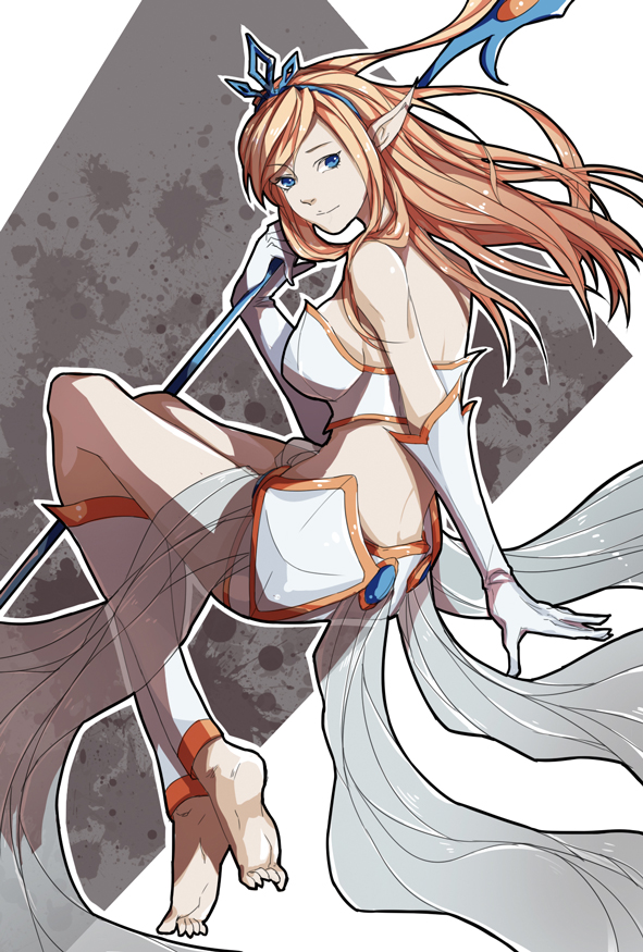 1girl bare_shoulders barefoot blonde_hair blue_eyes elbow_gloves gloves holding holding_staff janna_windforce league_of_legends long_hair looking_at_viewer looking_back onion_cat pointy_ears solo staff white_gloves white_legwear