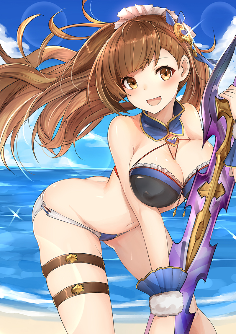 1girl beatrix_(granblue_fantasy) bending_forward bikini black_bikini bow breasts brooch brown_eyes brown_hair cowboy_shot gluteal_fold granblue_fantasy groin hair_bow hair_ornament halterneck jewelry large_breasts long_hair looking_at_viewer luse_maonang midriff navel open_mouth ponytail swimsuit sword thigh_strap thighs weapon