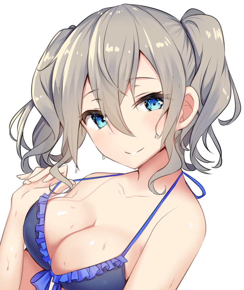 1girl bikini_top blue_eyes breasts cleavage grey_hair haruno_suzune kantai_collection kashima_(kantai_collection) medium_breasts no_hat no_headwear short_hair simple_background smile solo twintails upper_body wet white_background