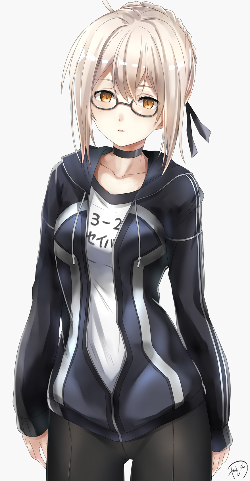1girl ahoge arms_at_sides artist_name bangs bike_shorts black-framed_eyewear black_ribbon blush braid breasts collarbone commentary cowboy_shot eyebrows_visible_through_hair fate/grand_order fate_(series) glasses gluteal_fold gym_uniform hair_ribbon heroine_x heroine_x_(alter) highres hood hoodie jacket looking_at_viewer medium_breasts name_tag parted_lips partially_unzipped pt ribbon saber semi-rimless_glasses short_hair_with_long_locks sidelocks signature silver_hair simple_background solo track_jacket under-rim_glasses white_background yellow_eyes