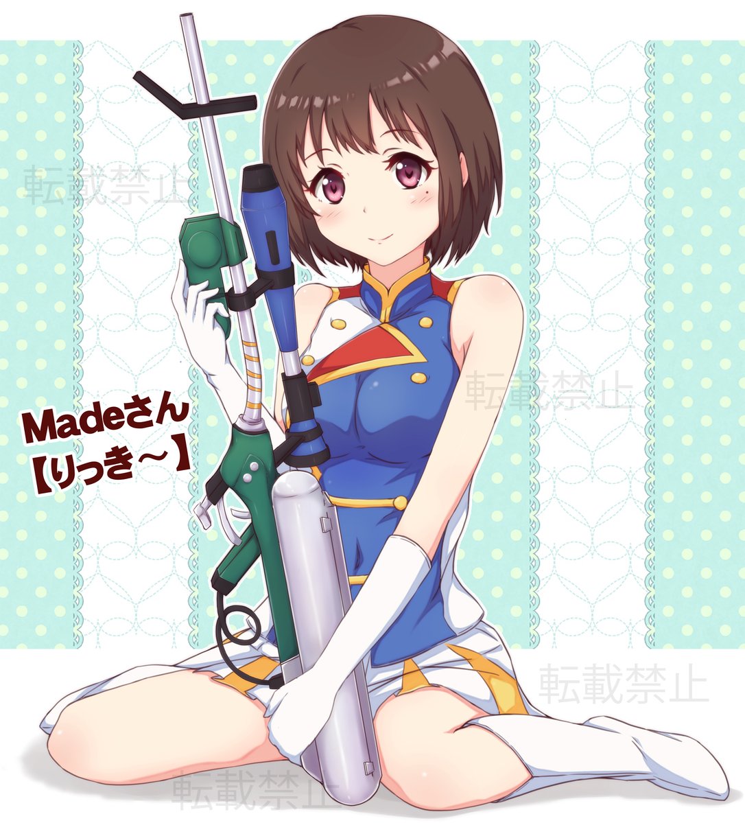 1girl band_uniform boots brown_hair elbow_gloves full_body gloves gun hibike!_euphonium hisagi_maruyama looking_at_viewer mole mole_under_eye nakaseko_kaori pleated_skirt red_eyes short_hair skirt solo splatoon super_soaker water_gun weapon weapon_request white_boots white_gloves white_legwear white_skirt