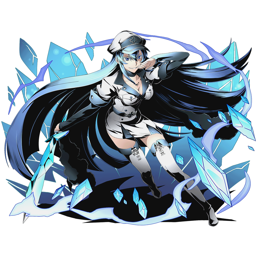 1girl absurdly_long_hair akame_ga_kill! belt blue_eyes blue_hair boots breasts cleavage collarbone crystal_sword divine_gate esdeath full_body grin hair_between_eyes hat holding holding_sword holding_weapon ice long_hair medium_breasts military military_hat military_uniform official_art pleated_skirt shadow skirt smile solo sword tattoo thigh-highs thigh_boots transparent_background ucmm uniform very_long_hair weapon white_boots