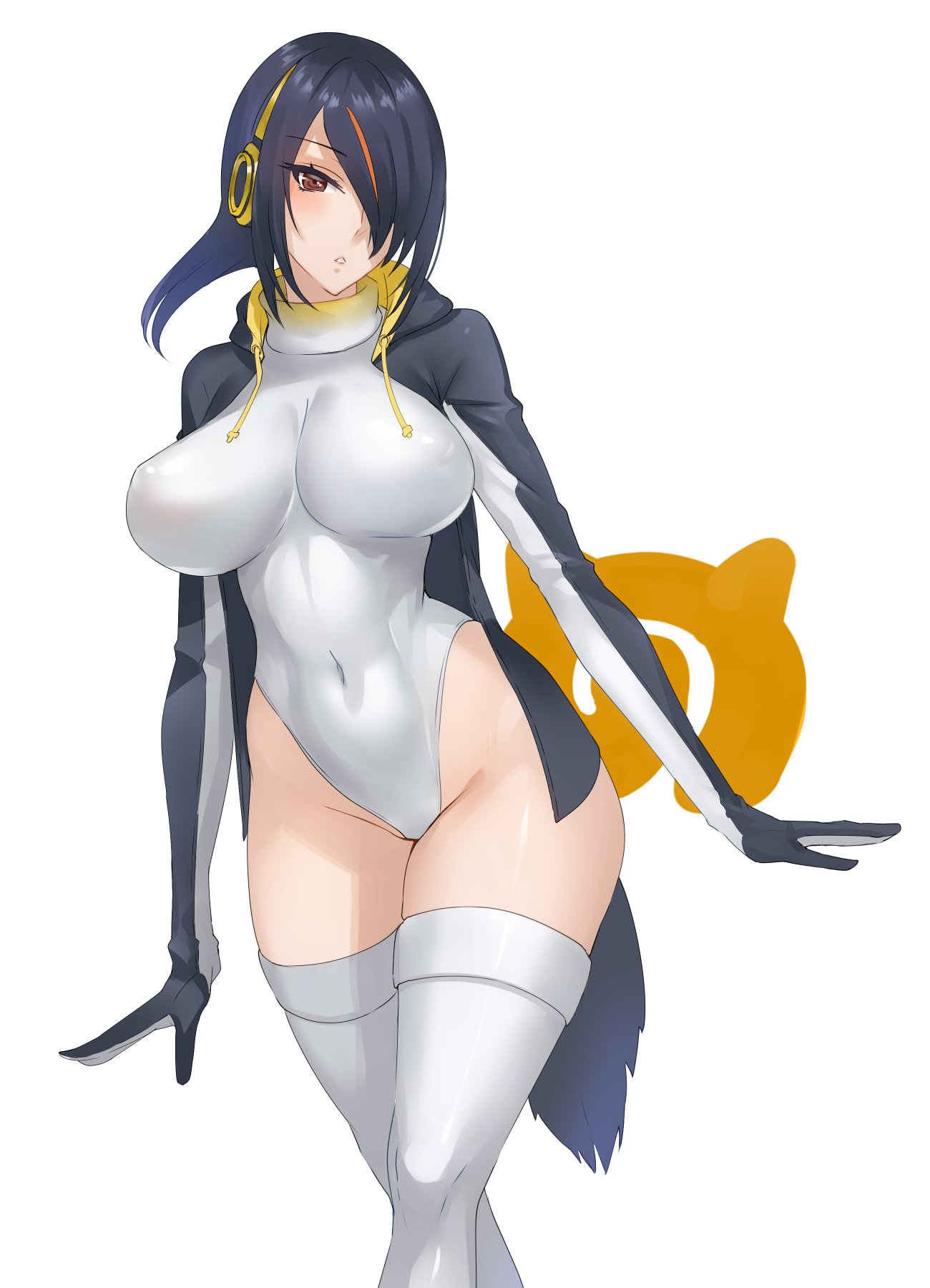 1girl arms_at_sides black_hair breasts brown_eyes covered_navel cowboy_shot daglasses emperor_penguin_(kemono_friends) erect_nipples hair_over_one_eye headphones highleg highleg_leotard highres hood hoodie kemono_friends large_breasts leotard long_hair looking_at_viewer open_clothes open_hoodie parted_lips solo thigh-highs white_legwear white_leotard